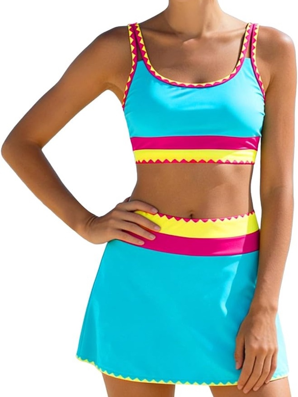 Bright Turquoise Three-Piece Swim Set with Pink & Yellow Accents